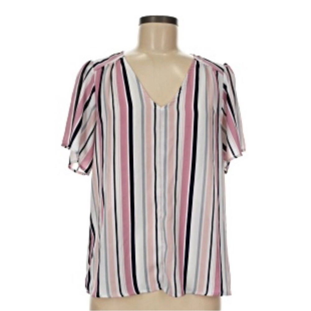 Women’s W5 pink white and navy vertically striped blouse flutter sleeve spring
